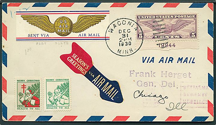 5 cents Winged Globe og amerikansk Julemærke 1930 på luftpostbrev fra Waconia d. 31.12.1930 til Chicago.