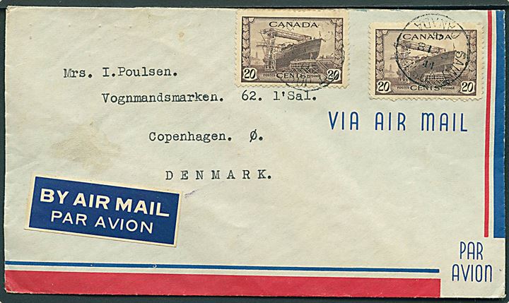 20 c. Skibsværft (2) på luftpostbrev fra St. Johns d. 18.9.1946 til København. Fra sømand ombord på ØK-skibet M/S Erria.