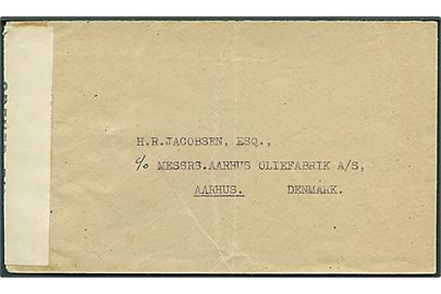 Ufrankeret kuvert fra Colombo, Ceylon til Aarhus, Danmark. Åbnet af lokal censur på Ceylon L/153. Antagelig lukket inderkuvert. 