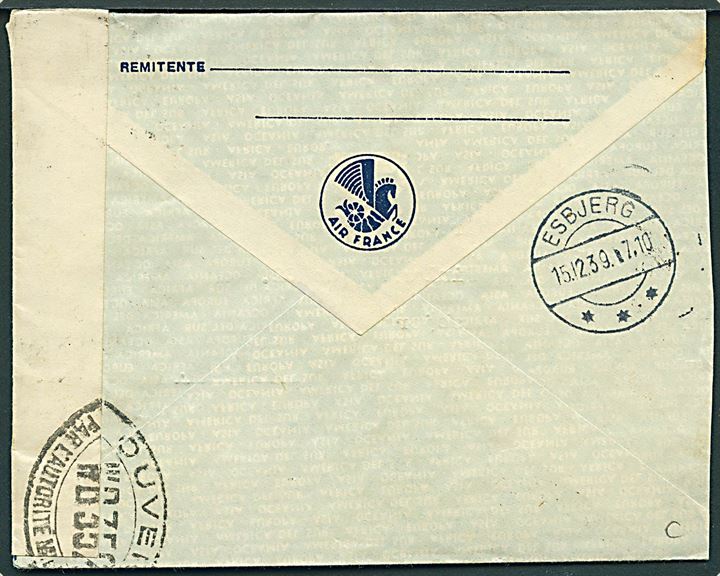 1,65 p. blandingafrankeret luftpostbrev fra Buenos Aires d. 2.12.1939 til Esbjerg, Danmark. Åbnet af fransk censur. Ank.stemplet i Esbjerg d. 15.12.1939.