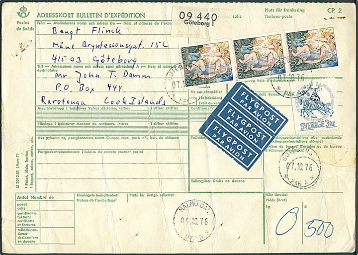 33 kr. på internationalt adressekort for luftpost pakke fra Göteborg d. 7.10.1976 via Malmö til Rarotinga, Cook Islands i Stillehavet. Enestående destination. Fold.
