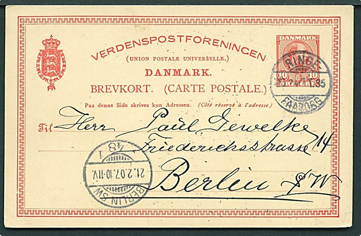 10 øre Chr. IX helsagsbrevkort fra Faaborg annulleret med bureaustempel Ringe - Faaborg T.35 d. 20.2.1907 til Berlin, Tyskland.
