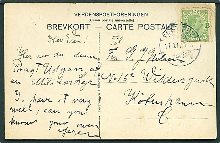 5 øre helsagsafklip fra soldaterbrevkort anvendt som frankering på brevkort (Barfredshøjlejren) stemplet Taastrup d. 17.9.1917 til København. Kortet har været opklæbet.