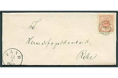 4 sk. Krone/Scepter på brev annulleret med nr.stempel “205” og sidestemplet antiqua Fanø d. 13.5.1867 via Varde til Ribe. På bagsiden oblat fra Fanö Birk.