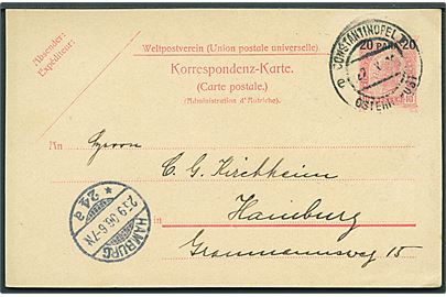 20 para/10 h. helsagsbrevkort stemplet Constantinopel d. 22.9.1906 til Hamburg, Tyskland. Uden meddelelse på bagsiden.