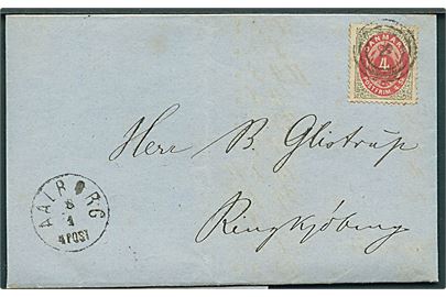 4 sk. Tofarvet på brev annulleret med nr.stempel 4 og sidestemplet lapidar aalborg d. 8.1.1873 til Ringkjøbing.