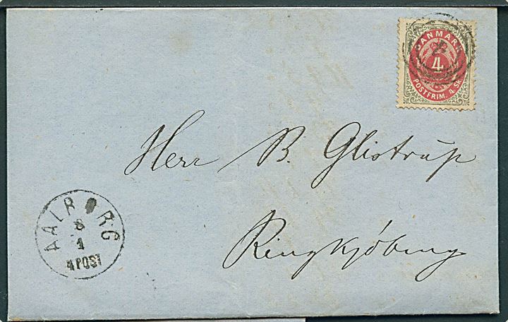 4 sk. Tofarvet på brev annulleret med nr.stempel 4 og sidestemplet lapidar aalborg d. 8.1.1873 til Ringkjøbing.