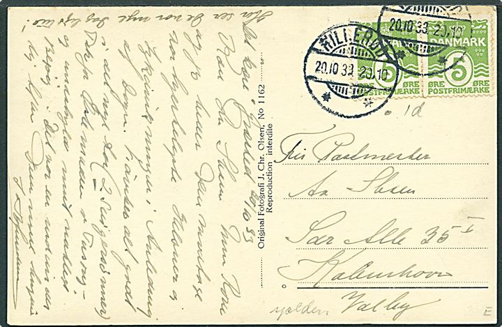 5 øre Bølgelinie (2) på brevkort annulleret med brotype Id d. 20.10.1933 til København.