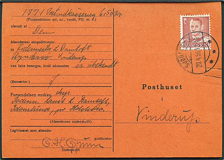 20 øre Fr. IX stemplet Sjørslev d. 20.4.1950 på forespørgsel formular P.8 (8-48 A6) for uanbringelig Postindkassering til Vinderup.