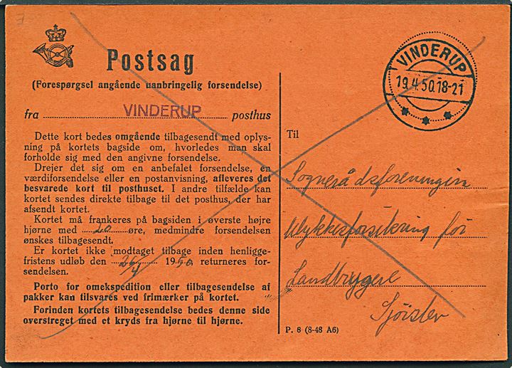 20 øre Fr. IX stemplet Sjørslev d. 20.4.1950 på forespørgsel formular P.8 (8-48 A6) for uanbringelig Postindkassering til Vinderup.