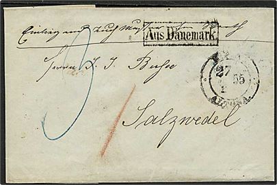 1855. Ufrankeret brevomslag med antiqua stempel K.P.A. Altona d. 27.1.1855 via K.D.O.P.A. Hamburg til Salzwedel. Rammestempel Aus Dänemark.