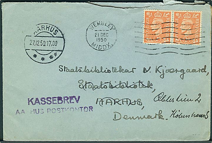 2d George VI i parstykke på brev fra Wembley d. 21.12.1950 til Aarhus, Danmark - eftersendt til København med violet stempel: Kassebrev / Aarhus Postkontor.