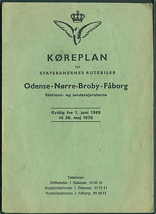Køreplan for Statsbanernes Rutebiler: Odense - Nørre Broby - Fåborg gyldig fra 1.6.1969 til 30.5.1970.