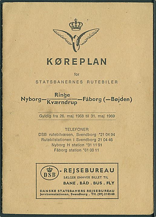 Køreplan for Statsbanernes Rutebiler: Nyborg - Ringe/Kværndrup - Fåborg (-Bøjden gyldig fra 26.5.1968 til 31.5.1969.