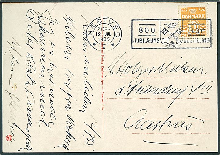 10 øre Bølgelinie på brevkort (Industrihallen, Næstved) annulleret med TMS Næstved *** / 800 Aar Jubilæums Udstilling d. 12.7.1935 til Aarhus.