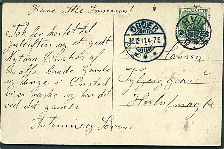 5 øre Fr. VIII på brevkort (Gadeparti fra Klemens) annulleret med stjernestempel HVILSTED og sidestemplet Odder d. 30.12.1911 til Herlufmagle.