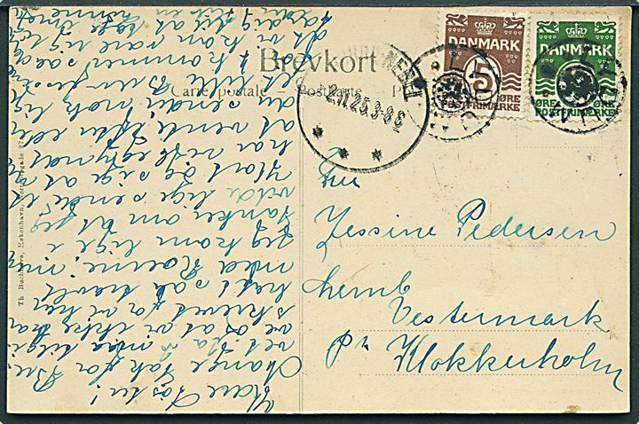 5 øre og 10 øre Bølgelinie på brevkort annulleret med stjernestempel LYDUM og sidestemplet Nørre-Nebel d. 2.11.1925 til Klokkerholm.