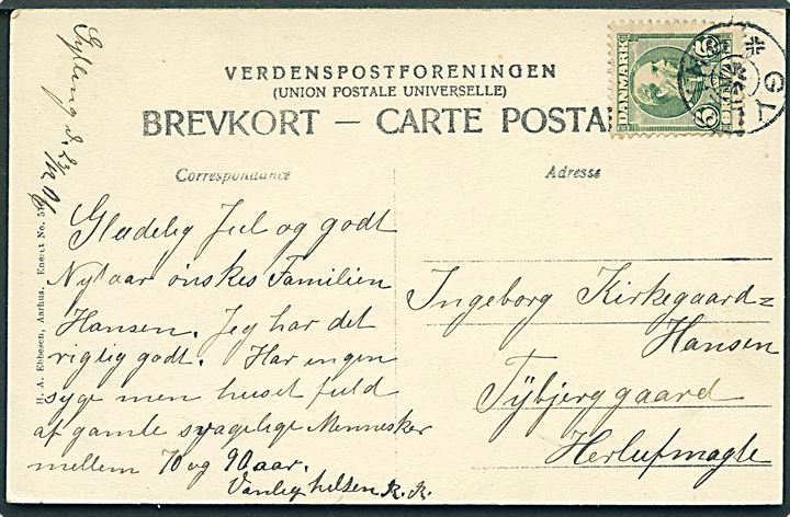 5 øre Chr. IX på brevkort (Mosgaard Skov ved vinter) dateret d. 23.12.1906 og annulleret med stjernestempel GYLLING til Herlufmagle.