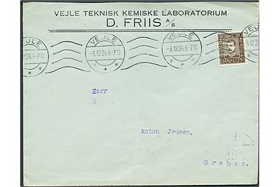 20 øre Chr. X Postjubilæum med perfin D.F. på firmakuvert fra Vejle Teknisk Kemiske Laboratorium D. Friis A/S fra Vejle d. 3.12.1924 til Grenaa.