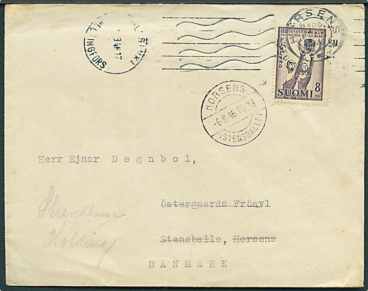 8 mk. Arbejderidræt single på brev fra Helsingfors d. x.8.1946 til Stensbanne pr. Horsens, Danmark - eftersendt til Kolding med brotype IIc Horsens (Stensballe) d. 6.8.1946.
