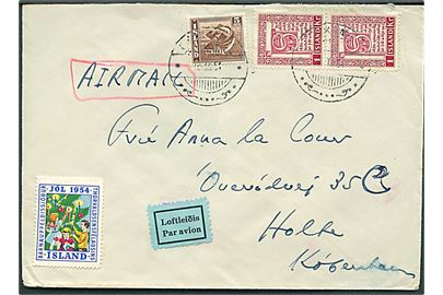 5 aur Torsk og 1 kr. Håndskrifter (par) på luftpostbrev fra Reykjavik d. 18.12.1954 til Holte, Danmark. Thorvaldsen Foreningen Julemærke 1954.