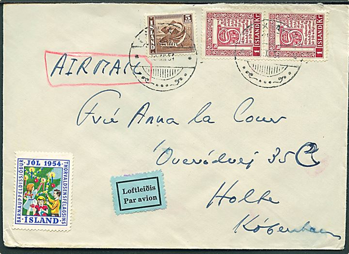 5 aur Torsk og 1 kr. Håndskrifter (par) på luftpostbrev fra Reykjavik d. 18.12.1954 til Holte, Danmark. Thorvaldsen Foreningen Julemærke 1954.