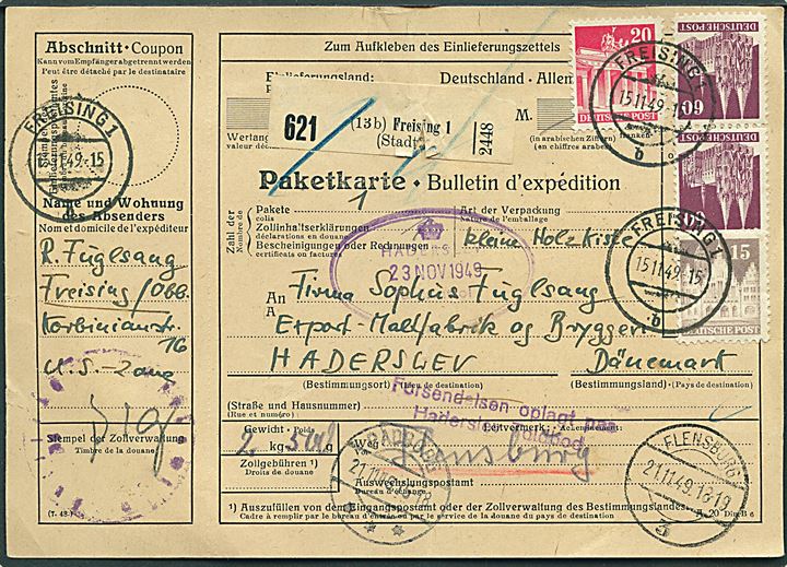 15 pfg., 20 pfg. og 60 pfg. (par) Bygning på internationalt adressekort for pakke fra Freeising d. 15.11.1949 til Haderslev, Danmark.