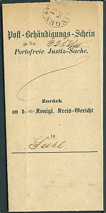 1868. Post-Behändigungs-Schein for Postofri Justitssag fra Meiningen d. 18.11.1868 til Suhl. 