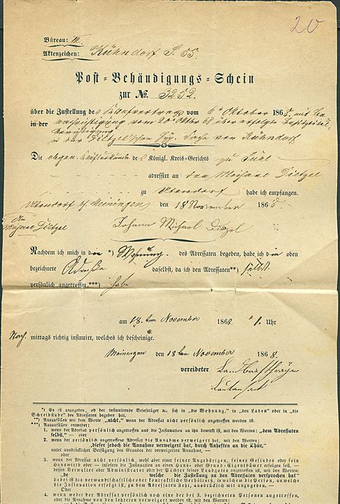 1868. Post-Behändigungs-Schein for Postofri Justitssag fra Meiningen d. 18.11.1868 til Suhl. 