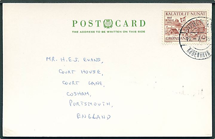 60 øre Befrielsen 25 år på brevkort annulleret Grønlands Postkontor København K. d. 11.7.1970 til Portsmouth, England. På bagsiden stemplet Ladies Scottish East Greenland Expedition 1970 og underskrigt fra 9 ekspeditionsdeltagere.