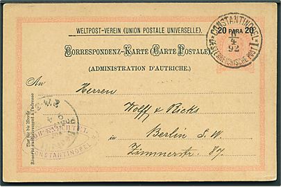 20 para/5 h. provisorisk helsagsbrevkort stemplet Constantinopel 1 Oesterreische Post d. 6.4.1892 til Berlin, Tyskland.