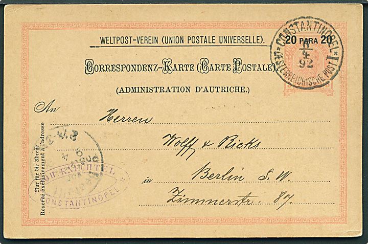 20 para/5 h. provisorisk helsagsbrevkort stemplet Constantinopel 1 Oesterreische Post d. 6.4.1892 til Berlin, Tyskland.