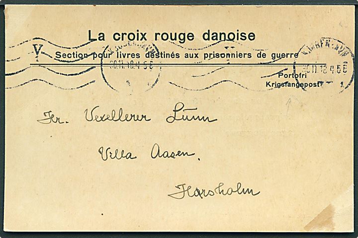 Portofri fortrykt Dansk Røde Kors krigsfangepost brevkort fra Kjøbenhavn d. 30.11.1918 til Hørsholm. Takkeskrivelse vedr. boggave.