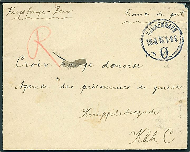 Ufrankeret brev påskrevet Krigsfange-Brev sendt lokalt i Kjøbenhavn d. 28.9.1915 til Dansk Røde Kors.