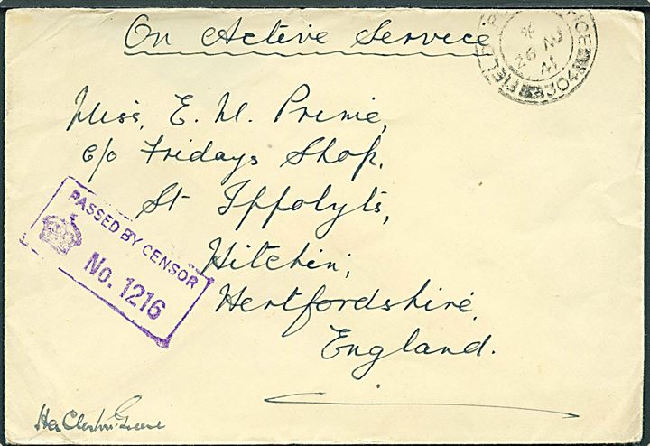 Ufrankeret OAS feltpostbrev stemplet Field Post Office 304 (= Akureyri) d. 26.8.1941 til England. Violet unit censor No. 1216.