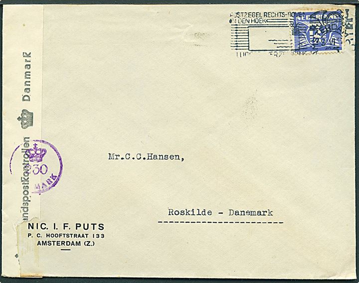 12½ c. på brev fra Amsterdam d. 9.6.1945 til Roskilde, Danmark. Åbnet af dansk efterkrigscensur (krone)/230/Danmark.