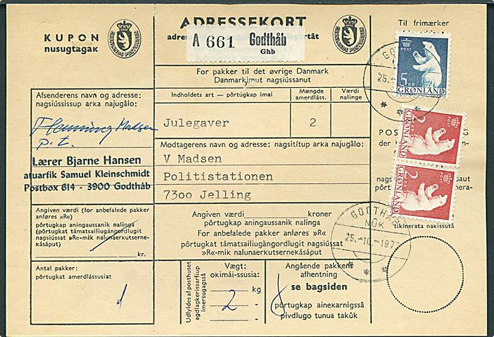 2 kr. (par) og 5 kr. Isbjørn på adressekort for pakke fra Godthåb d. 25.10.1972 til Jelling, Danmark.