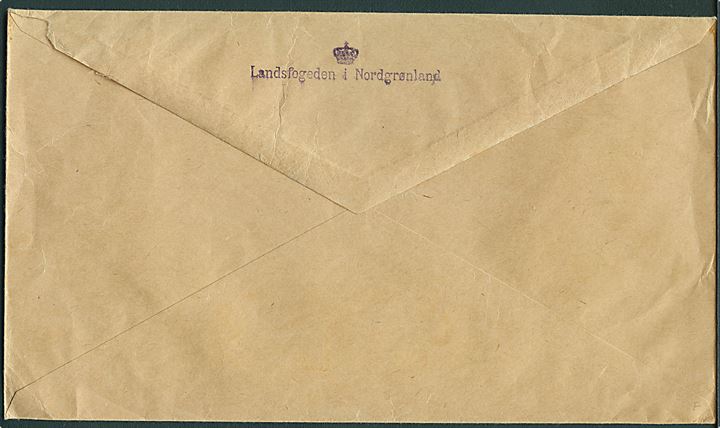 10 øre Chr. X (2) og Danmarkimut mærkat på brev fra Godhavn d. 5.4.1948 til København. På bagsiden stemplet: (krone)/Landsfogeden i Nordgrønland.