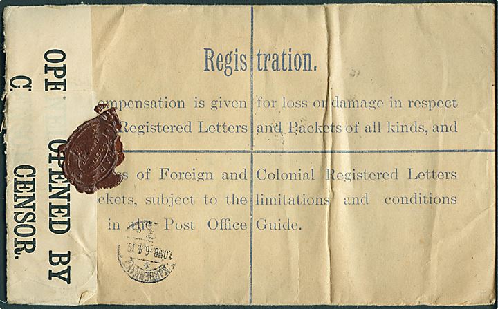George V anbefalet helsagskuvert opfrankeret med 2½d George V med perfin H fra firma C.J.Hambroe & Sons i London d. 29.3.1919 til København, Danmark. Åbnet af britisk censur P.W. 126 (P.W. overstreget) med laksegl fra War Office / Postal Censor. Ank.stemplet Kjøbenhavn d. 6.4.1919.