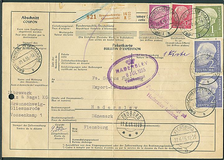 5 pfg., 20 pfg., 1 mk. og 2 mk. (2) Heuss på internationalt adressekort for pakke fra Braunschweig-Gliesmarode d. 20.6.1955 via Flensburg og Padborg til Haderslev, Danmark. Fold og arkivhul.