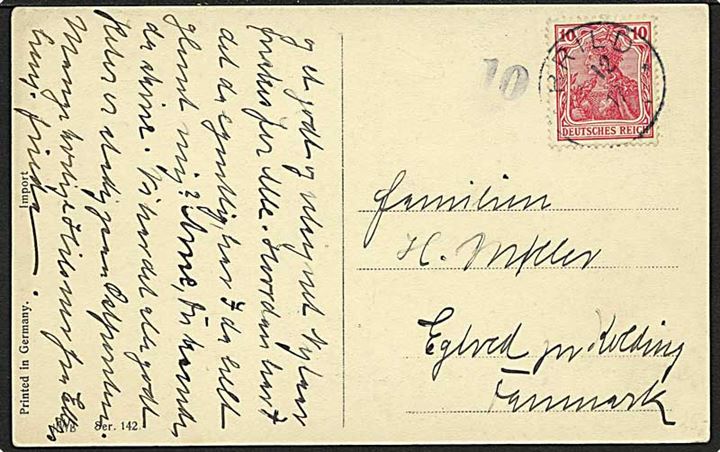 10 pfg. Germania på brevkort stemplet Arrild d. x.12.1917 til Egtved pr. Kolding, Danmark. Tysk censur-stempel 10.