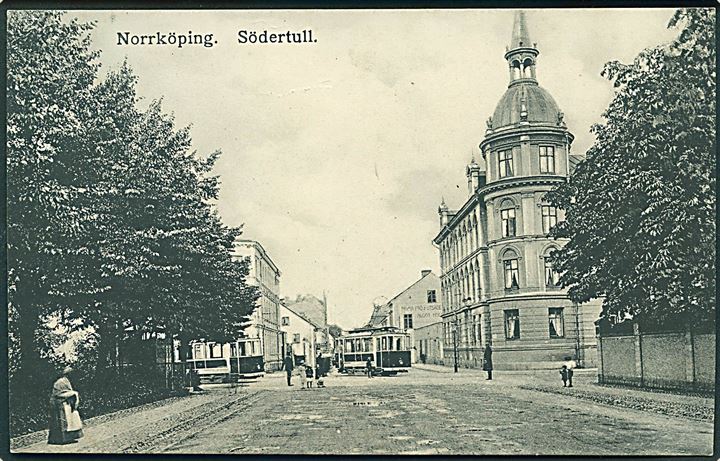 Sverige, Norrköping, Södertull med sporvogn. Svenska Litografiska AB nr. 13045.