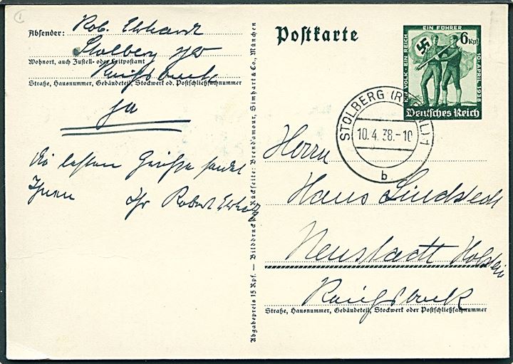 Ein Volk ein Reich ein Führer d. 13.3.1938. Illustreret 6 pfg. helsagsbrevkort anvendt fra Stolberg d. 10.4.1938.
