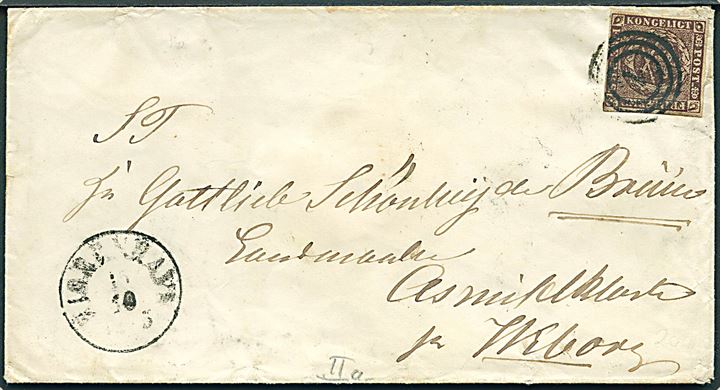 4 R.B.S. Thiele II sortbrun tæt klippet på brev annulleret med nr.stempel 1 og sidestemplat antiqua Kjøbenhavn d. 15.10.1855 til Viborg.