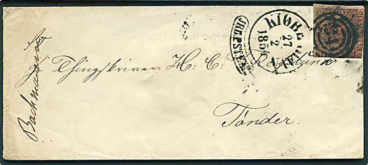 4 R.B.S. Thiele II tæt klippet på brev annulleret med pølse-stempel 34/Kiøbenhavn/JRB.PST.EXP. d. 27.2.1854 til Tønder.