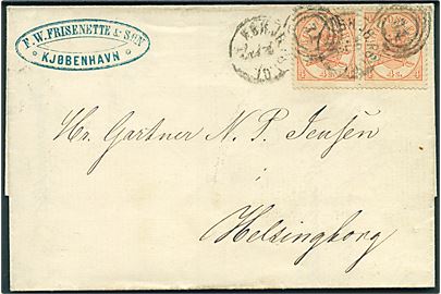 4 sk. Krone/Scepter i vandret parstykke på 8 sk. frankeret brev annulleret med kombineret nr.stempel 34/KBH.JB.PST.CT. d. 20.3.1865 til Helsingborg, Sverige.