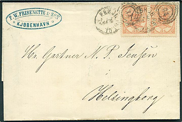 4 sk. Krone/Scepter i vandret parstykke på 8 sk. frankeret brev annulleret med kombineret nr.stempel 34/KBH.JB.PST.CT. d. 20.3.1865 til Helsingborg, Sverige.