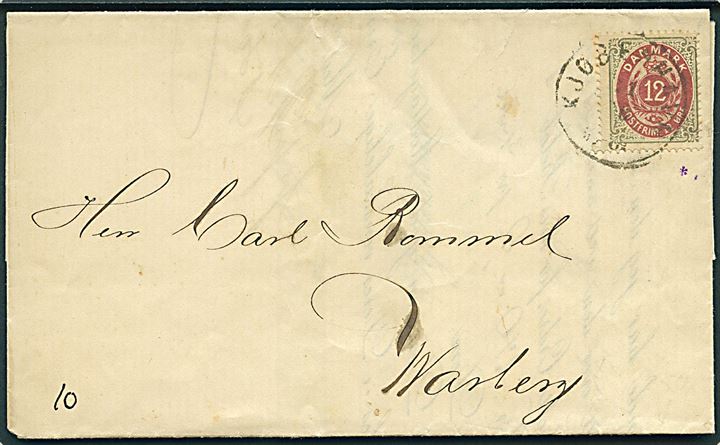 12 øre Tofarvet 3. tryk omv. rm. single på brev annulleret med lapidar Kjøbenhavn d. 11.6.1876 til Warberg, Sverige.