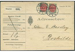 8 øre Tofarvet omv. rm. i parstykke på adressebrev for pakke fra Ringsted d. 2.3.1896 til Roskilde.