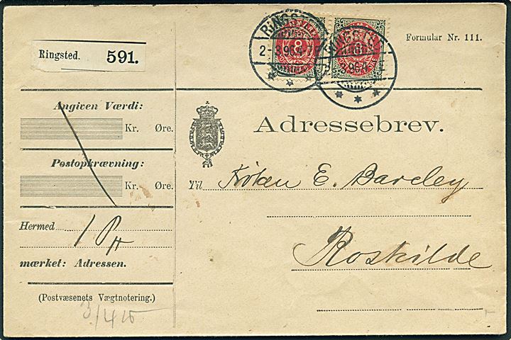 8 øre Tofarvet omv. rm. i parstykke på adressebrev for pakke fra Ringsted d. 2.3.1896 til Roskilde.